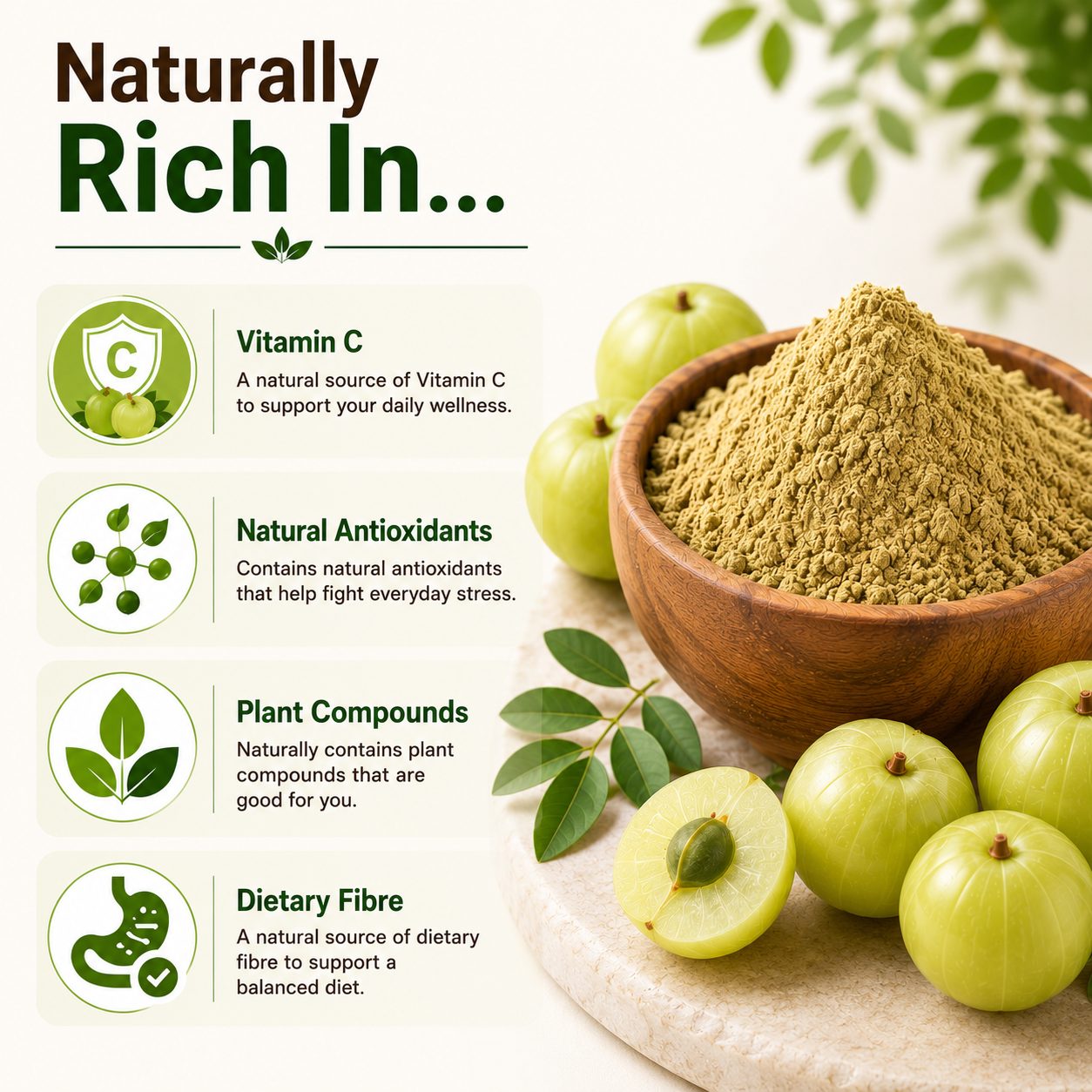 Amla Powder naturally rich in Vitamin C, Natural Antioxidants, Plant Compounds and Dietary Fibre